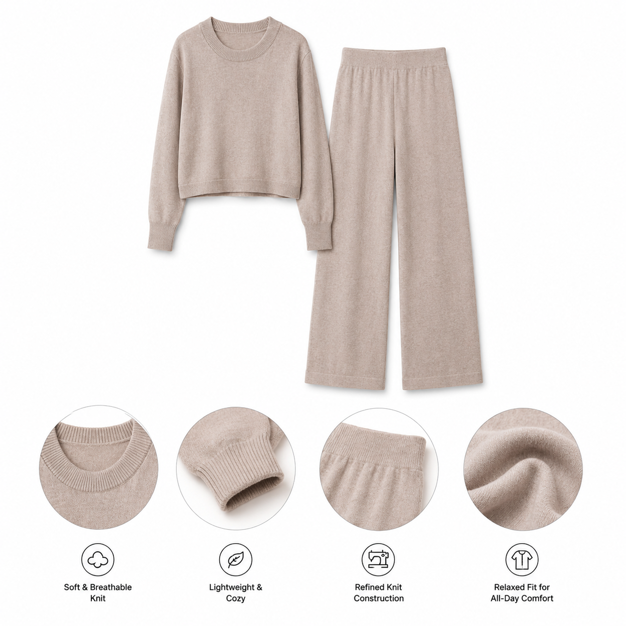 Lune Taupe Cropped Knit Lounge Set — Product detailing and fabric features