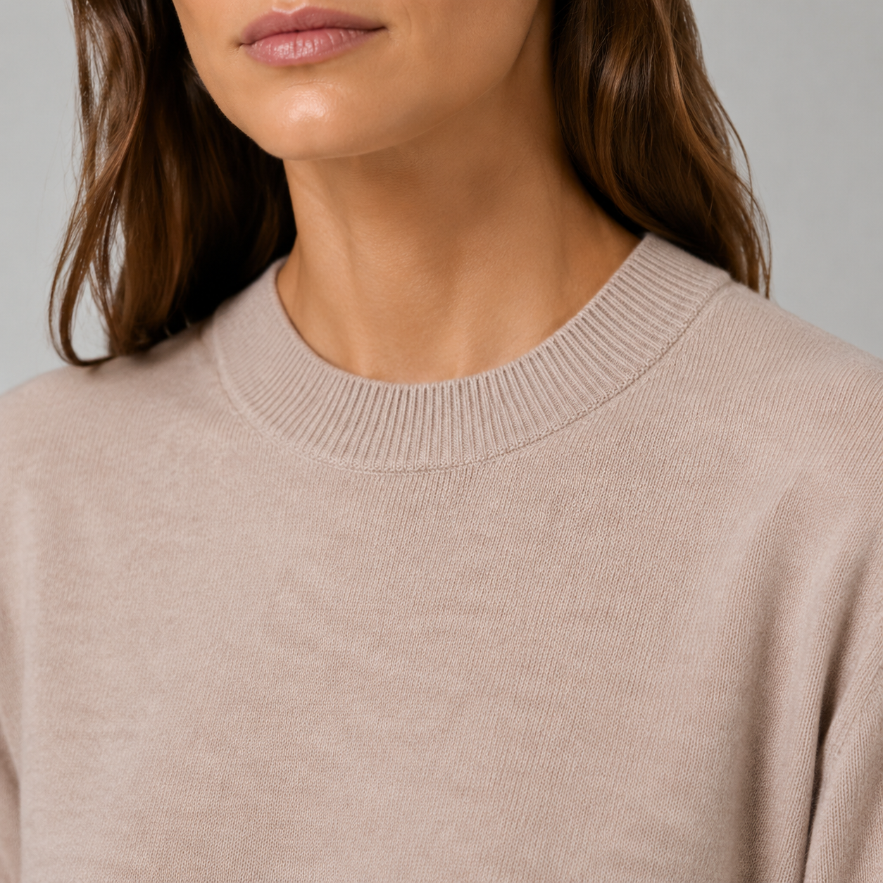 Lune Taupe Cropped Knit Lounge Set — Neckline construction close-up