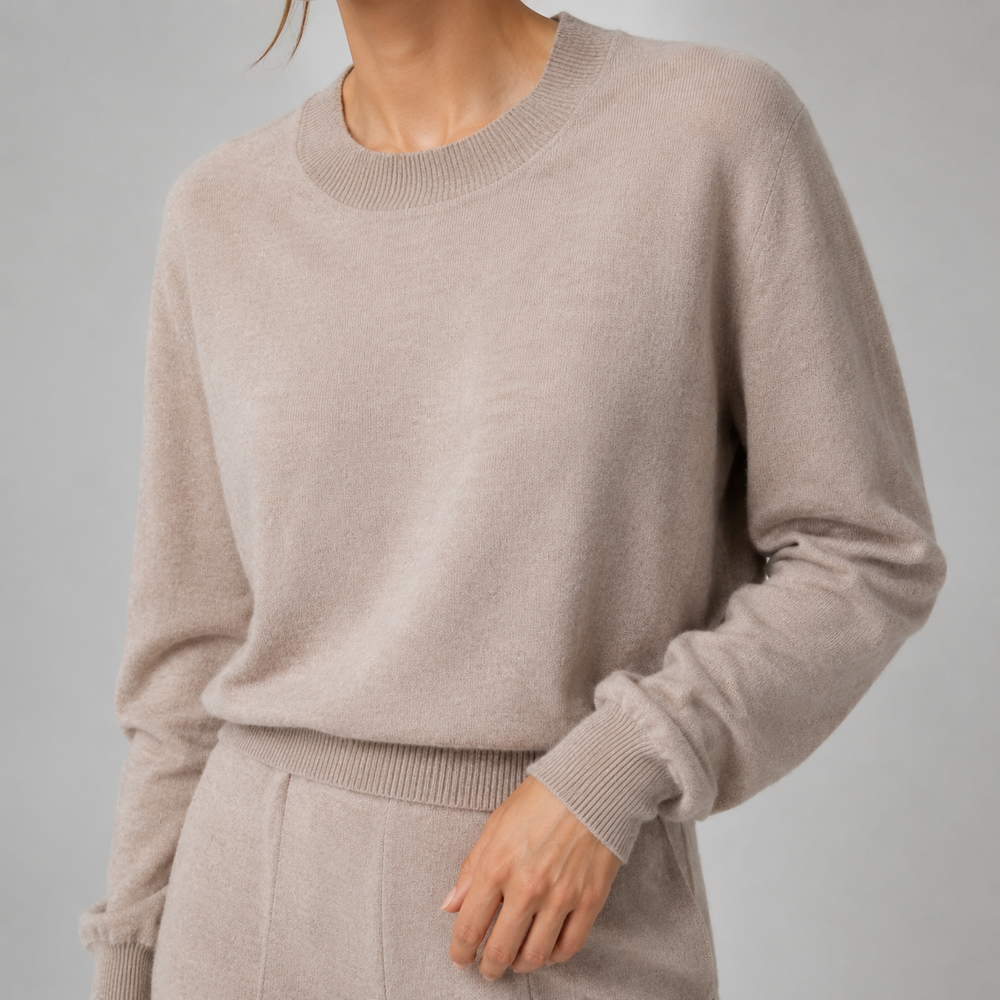 Lune Taupe Cropped Knit Lounge Set — Sleeve construction close-up