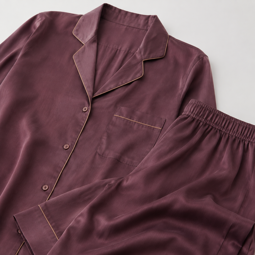 Mauve Elan silk-cotton pajama set fabric and piping detail
