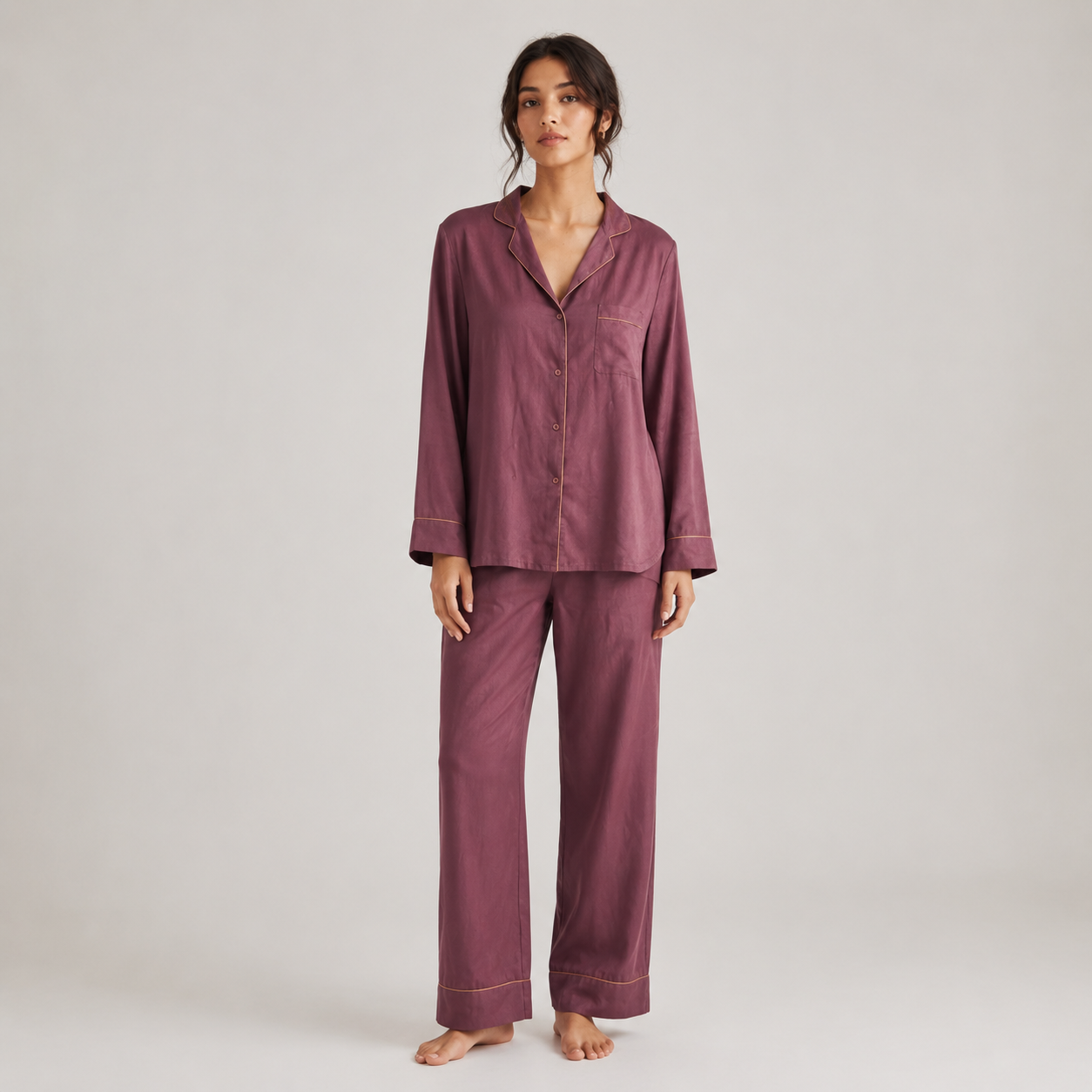 Mauve Elan silk-cotton pajama set full-length model image
