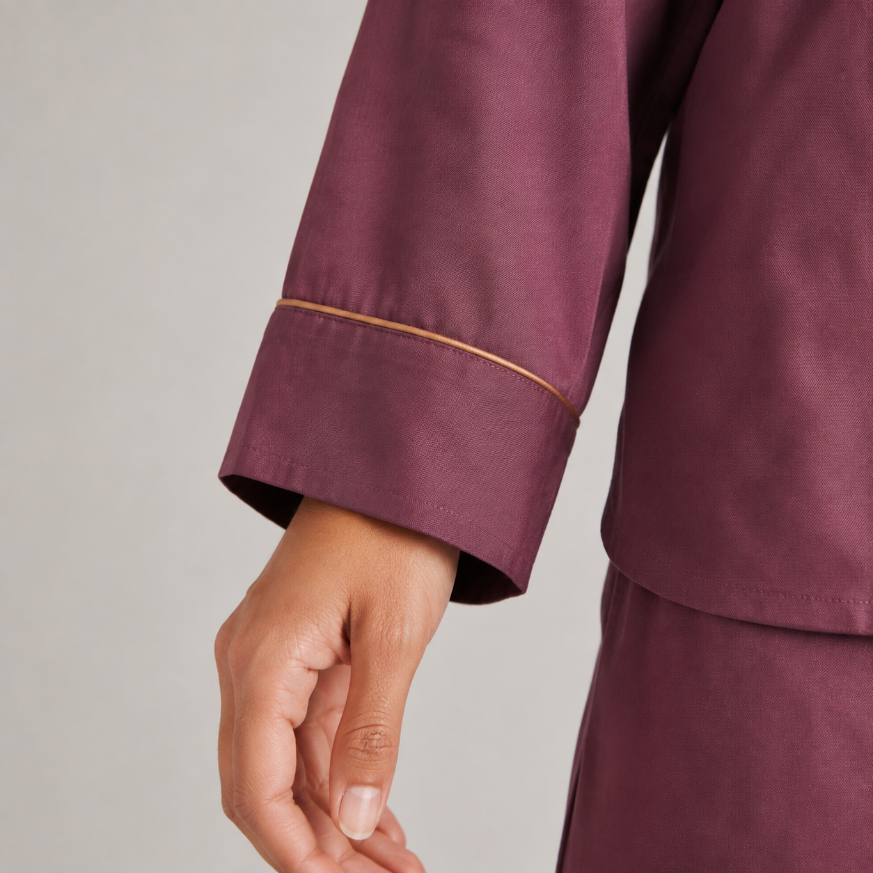 Mauve Elan silk-cotton pajama shirt piped sleeve cuff