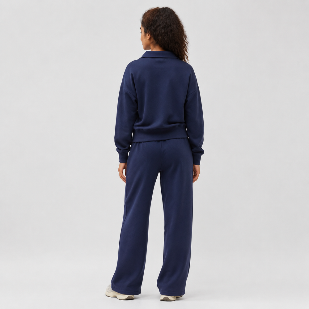 Minuit Navy Polo-Collar Lounge Set — Full-length model back view