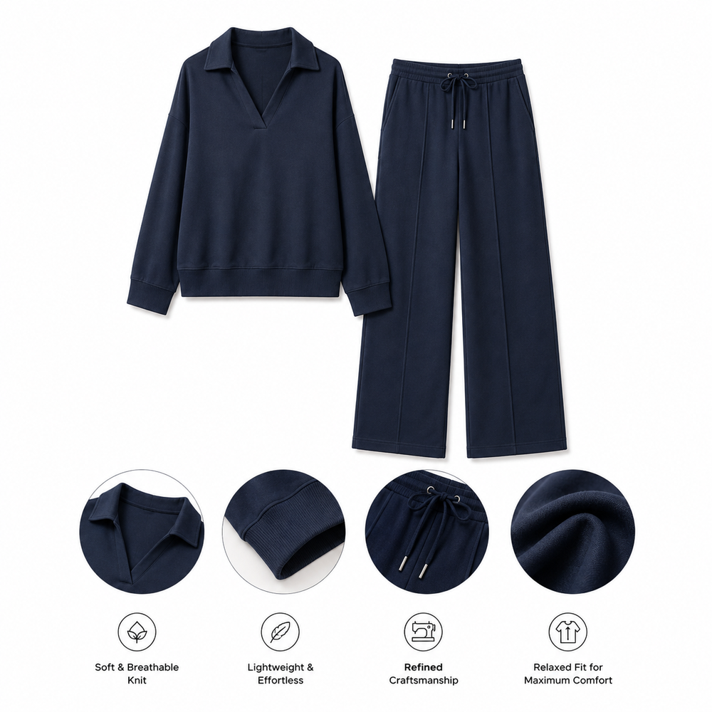 Minuit Navy Polo-Collar Lounge Set — Product detailing and fabric features