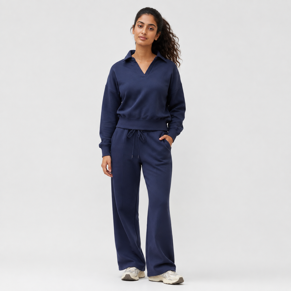 Minuit Navy Polo-Collar Lounge Set — Full-length model front view