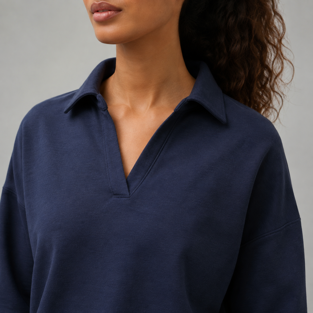 Minuit Navy Polo-Collar Lounge Set — Neckline construction close-up