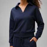 Minuit Navy Polo-Collar Lounge Set — Sleeve construction close-up