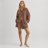 Mauve organic cotton muslin shirt and shorts full-length model image