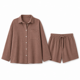 Mauve organic cotton muslin shirt and drawstring shorts on white background
