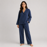 Navy organic cotton muslin pajama set full-length model image