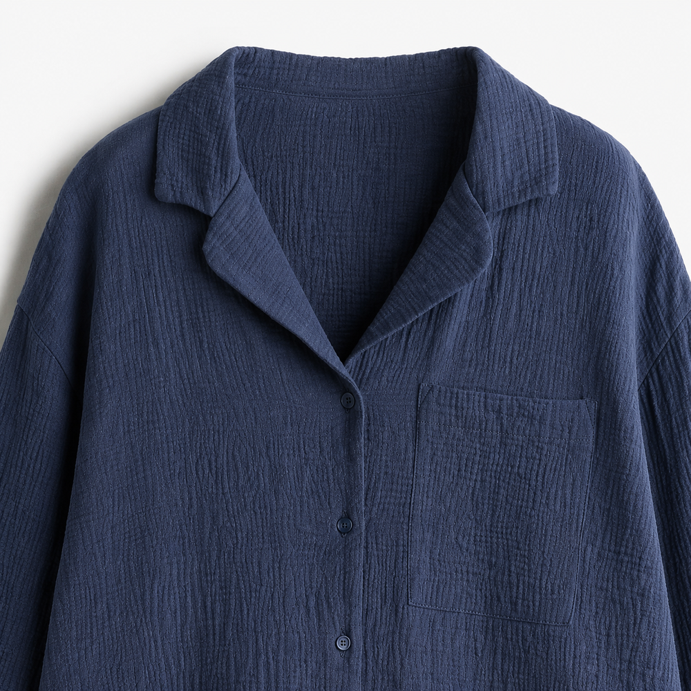 Navy organic cotton muslin pajama set collar and neck closure