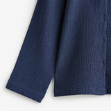 Navy organic cotton muslin pajama set sleeve closure detail