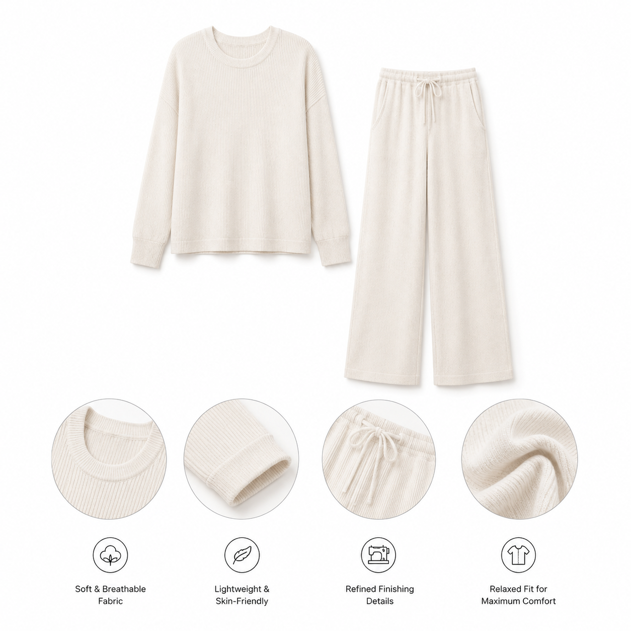 Neve Ivory Crewneck Knit Lounge Set — Product detailing and fabric features