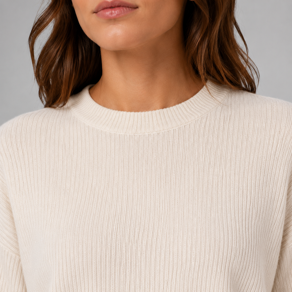 Neve Ivory Crewneck Knit Lounge Set — Neckline construction close-up