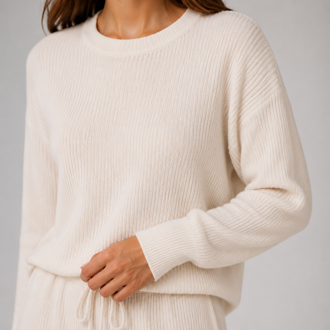 Neve Ivory Crewneck Knit Lounge Set — Sleeve construction close-up