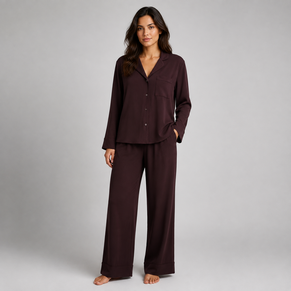 Deep burgundy shirt and pajama set full-length model image