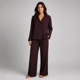 Deep burgundy shirt and pajama set full-length model image