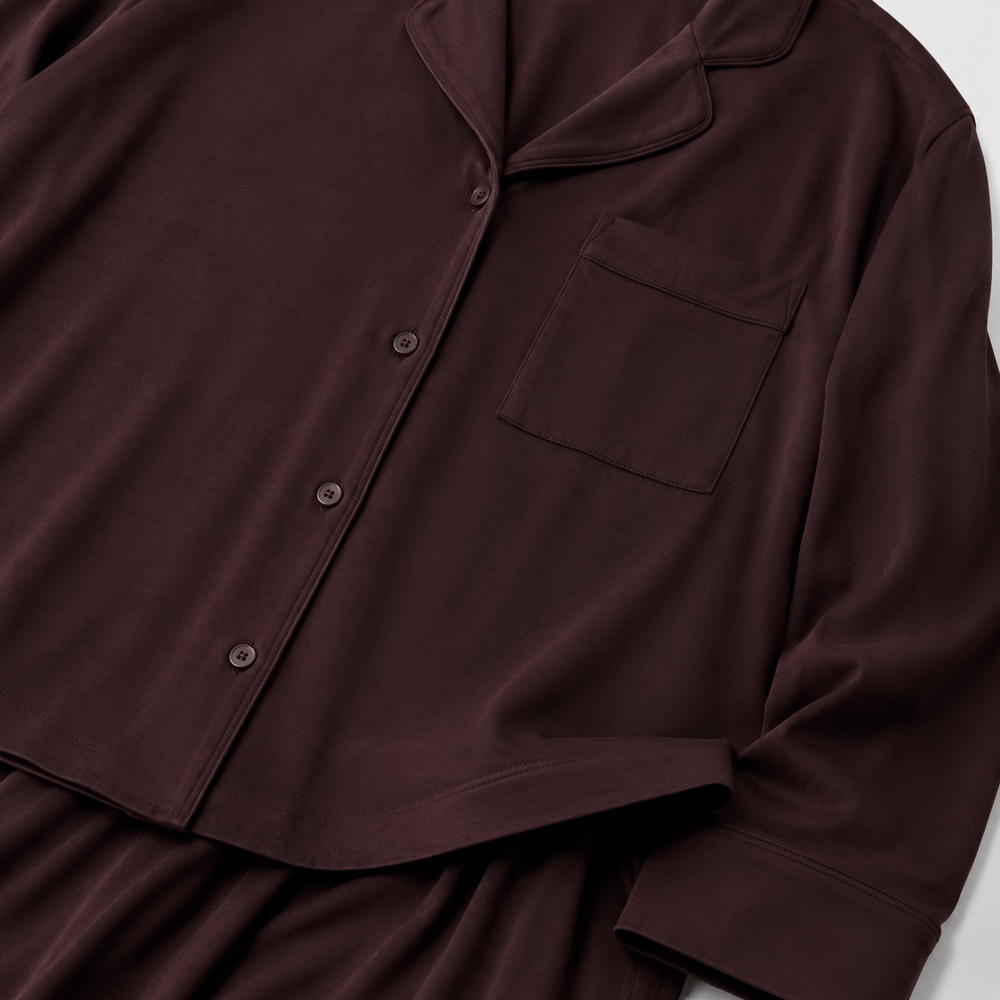 Deep burgundy pajama set fabric and pocket detailing