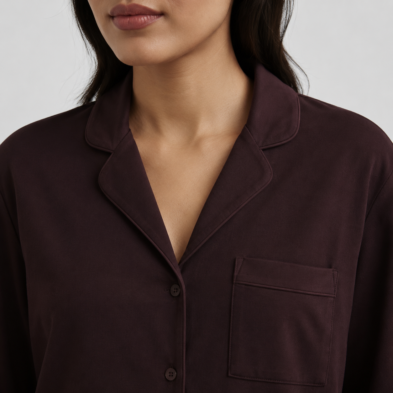 Deep burgundy pajama shirt notched collar and neck closure