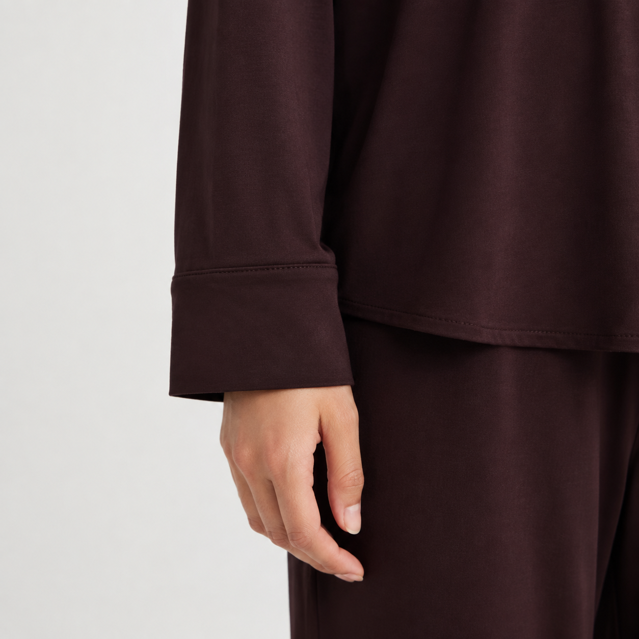 Deep burgundy pajama shirt sleeve and cuff closure
