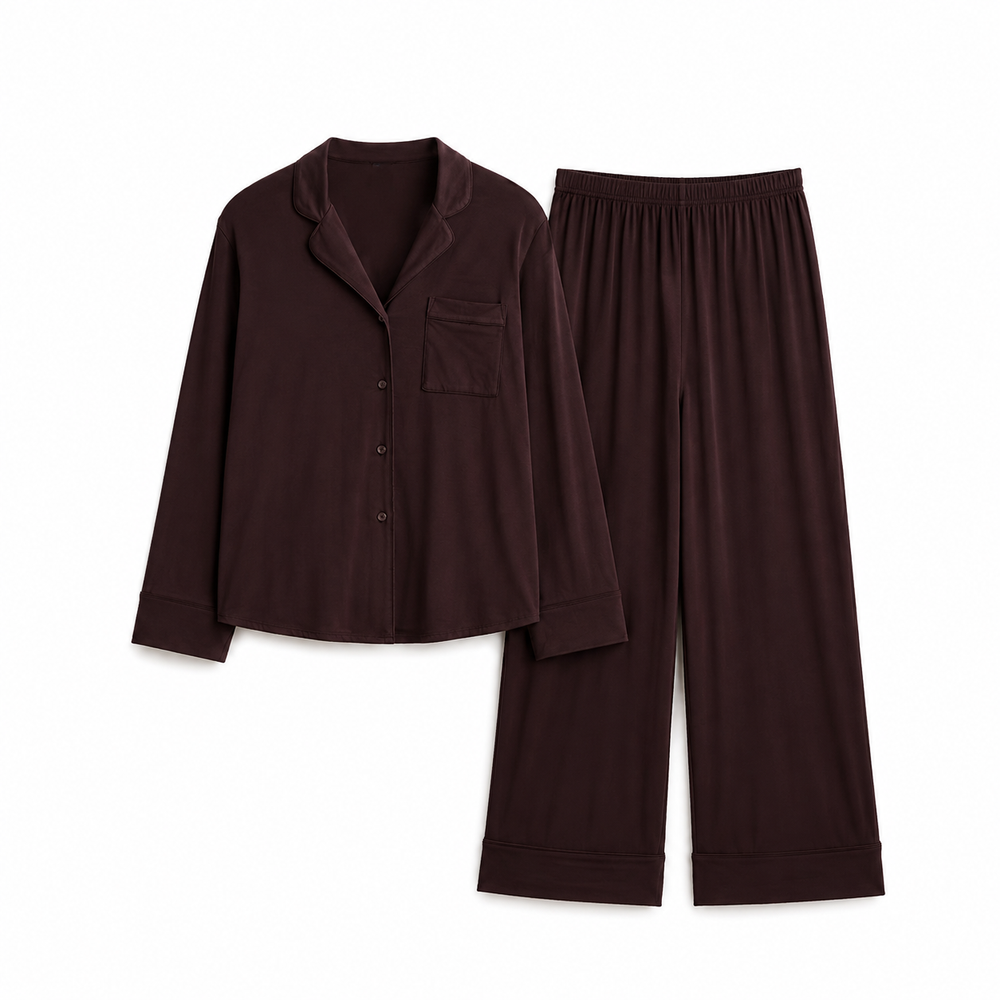 Deep burgundy shirt and pajama pants on white background