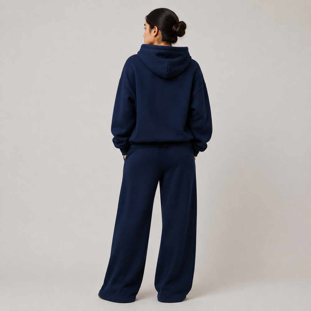 Nuit Atelier Navy Hoodie & Wide-Leg Set — Full-length model back view