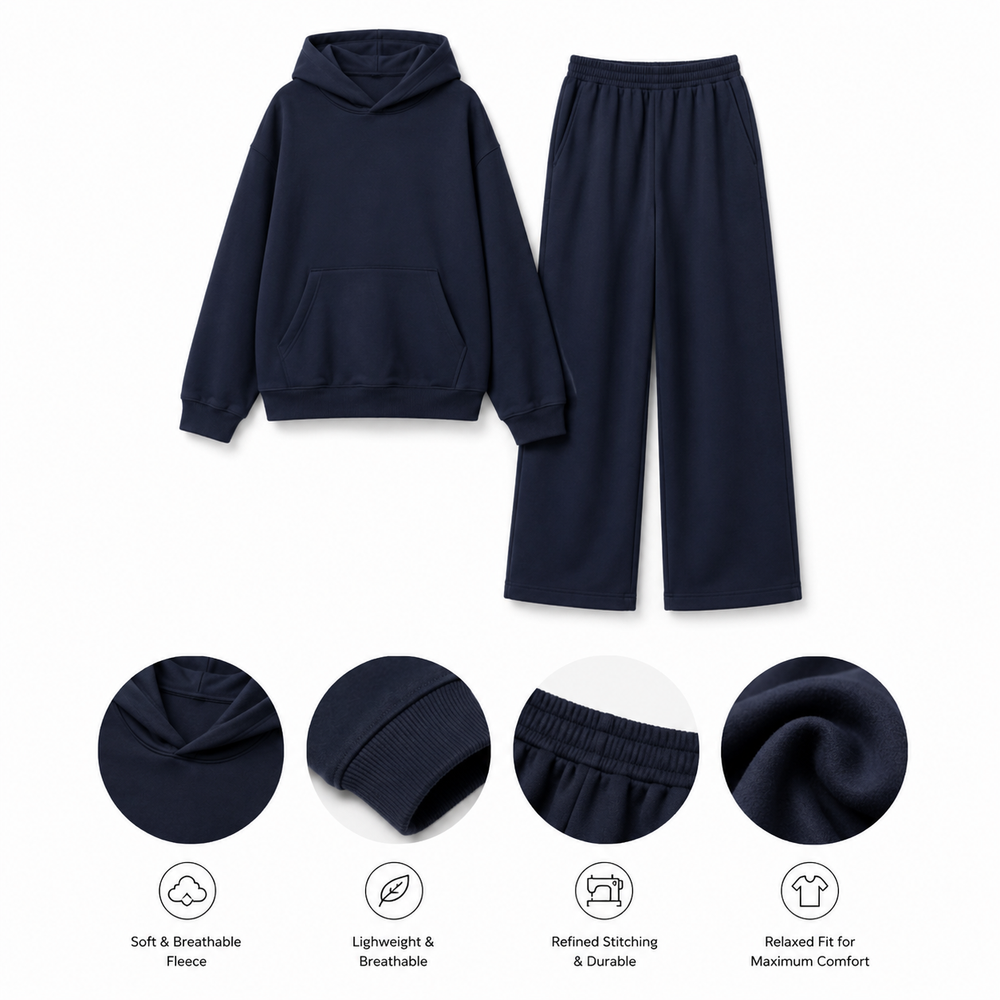 Nuit Atelier Navy Hoodie & Wide-Leg Set — Product detailing and fabric features