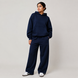 Nuit Atelier Navy Hoodie & Wide-Leg Set — Full-length model front view