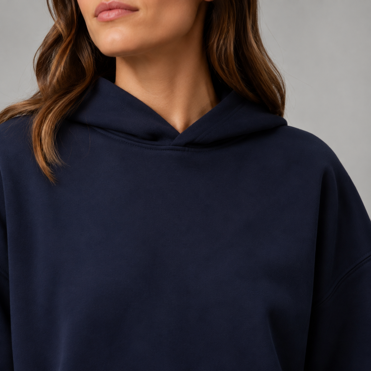 Nuit Atelier Navy Hoodie & Wide-Leg Set — Neckline construction close-up
