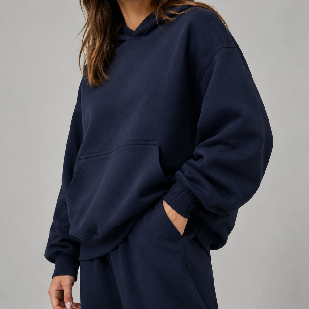Nuit Atelier Navy Hoodie & Wide-Leg Set — Sleeve construction close-up