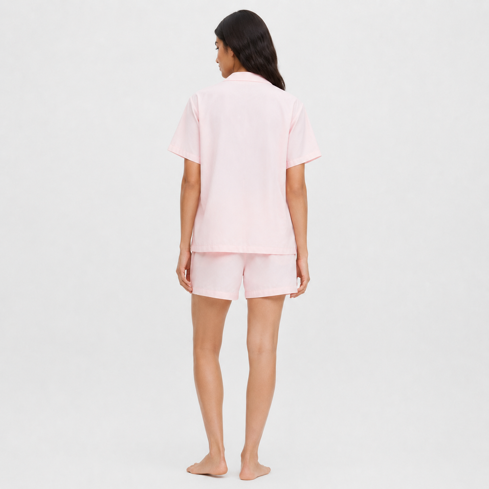 Rosée Blush Button-Down Shirt & Shorts Set — Full-length model back view