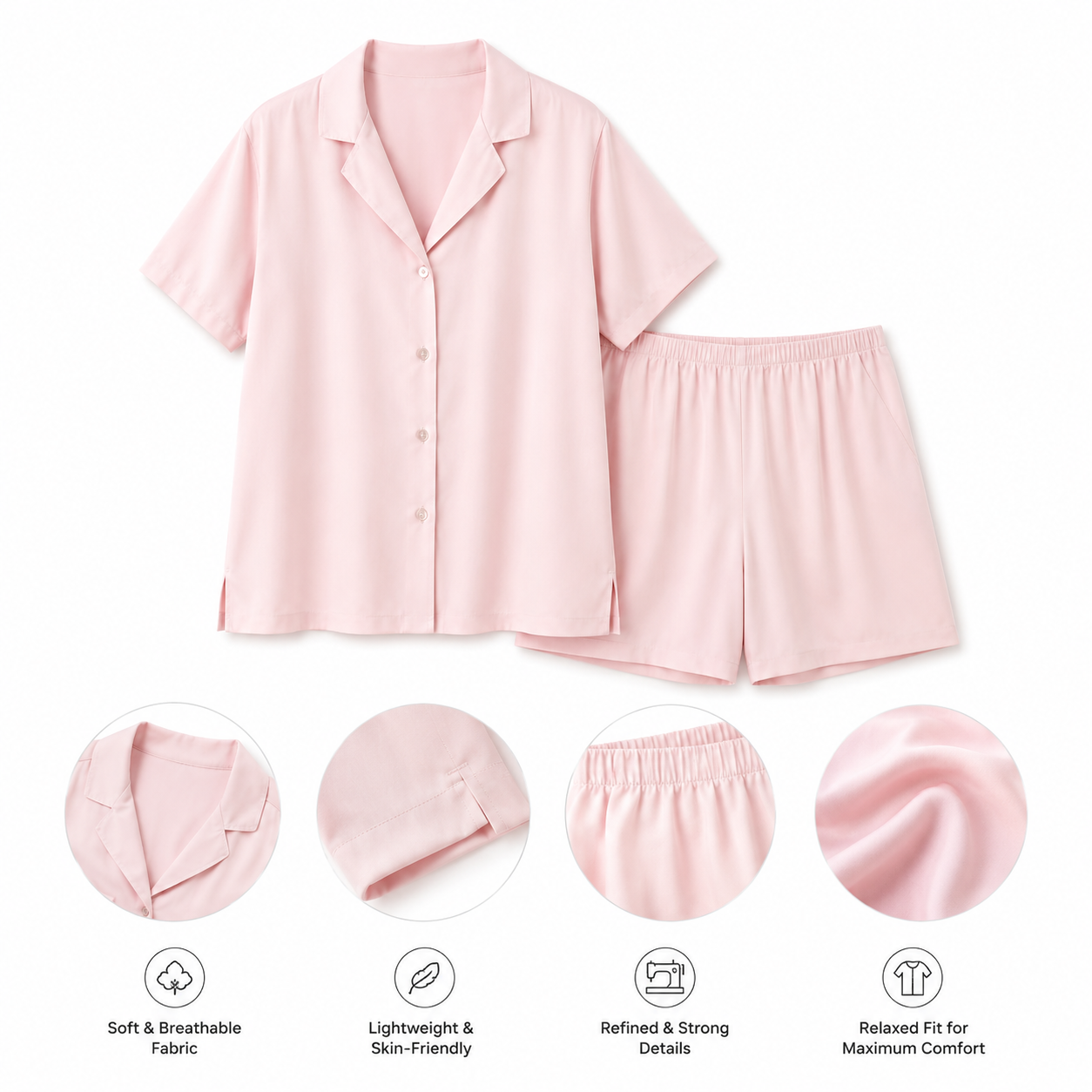 Rosée Blush Button-Down Shirt & Shorts Set — Product detailing and fabric features