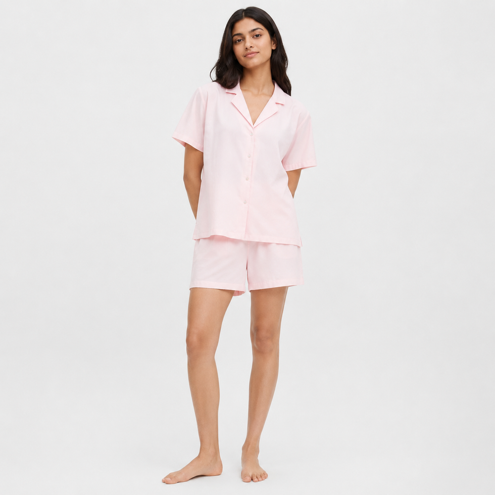 Rosée Blush Button-Down Shirt & Shorts Set — Full-length model front view