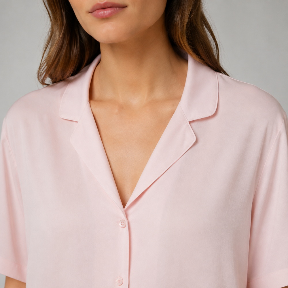 Rosée Blush Button-Down Shirt & Shorts Set — Neckline construction close-up