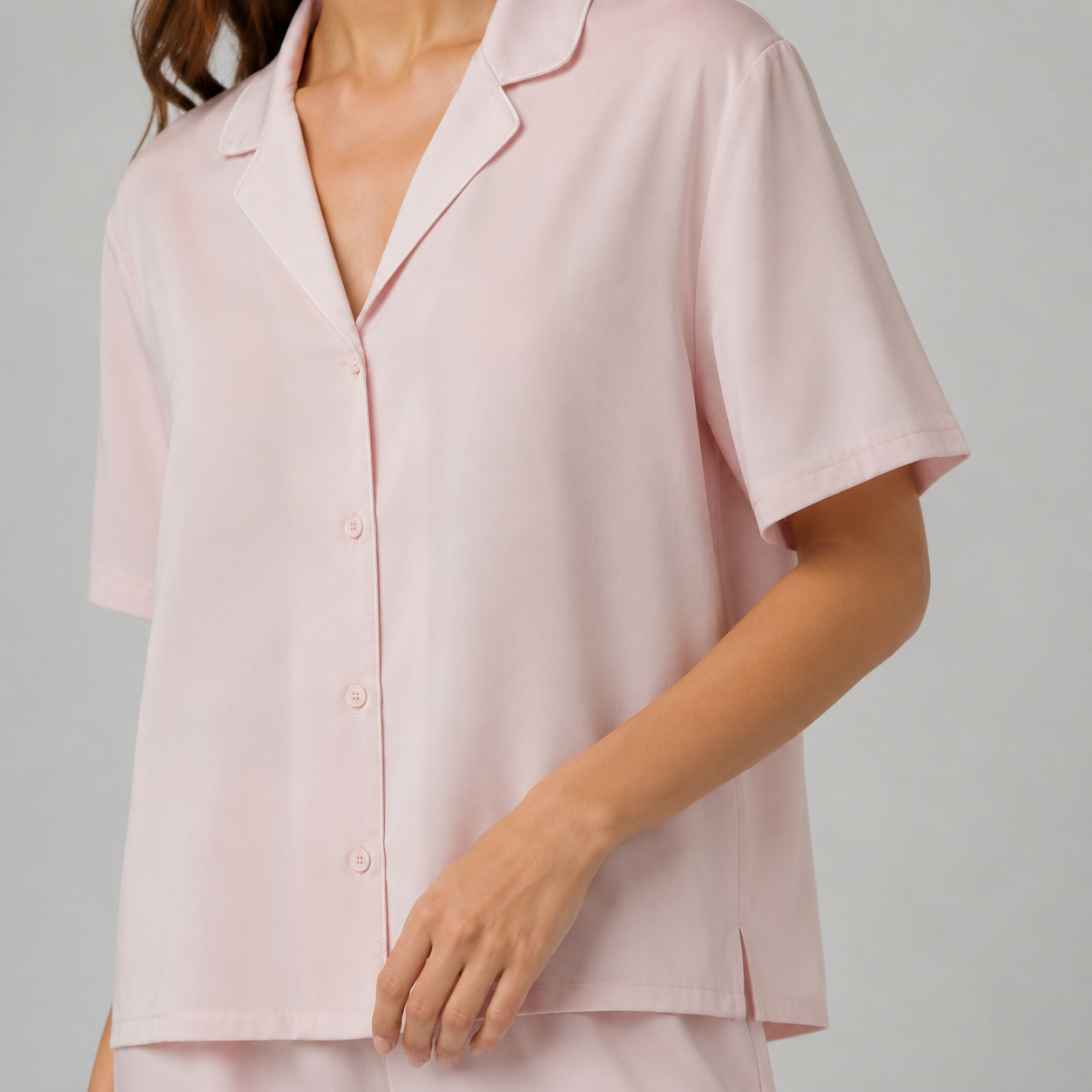 Rosée Blush Button-Down Shirt & Shorts Set — Sleeve construction close-up