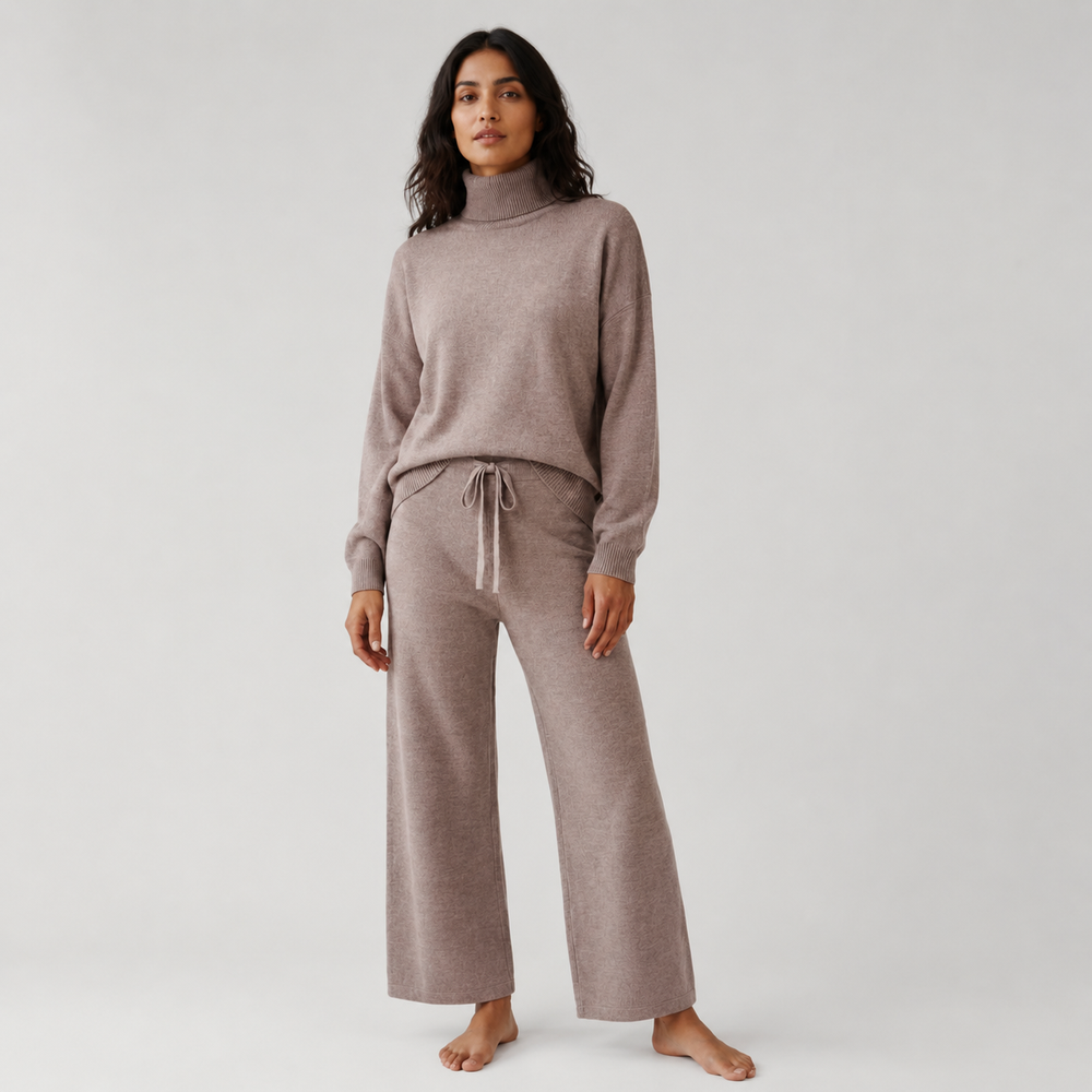 Serein Taupe Turtleneck Knit Lounge Set — Full-length model front view
