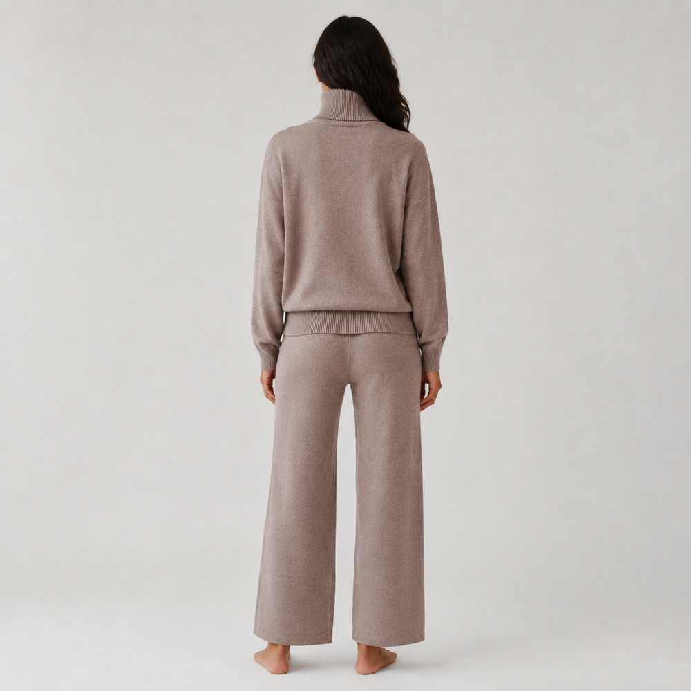 Serein Taupe Turtleneck Knit Lounge Set — Full-length model back view