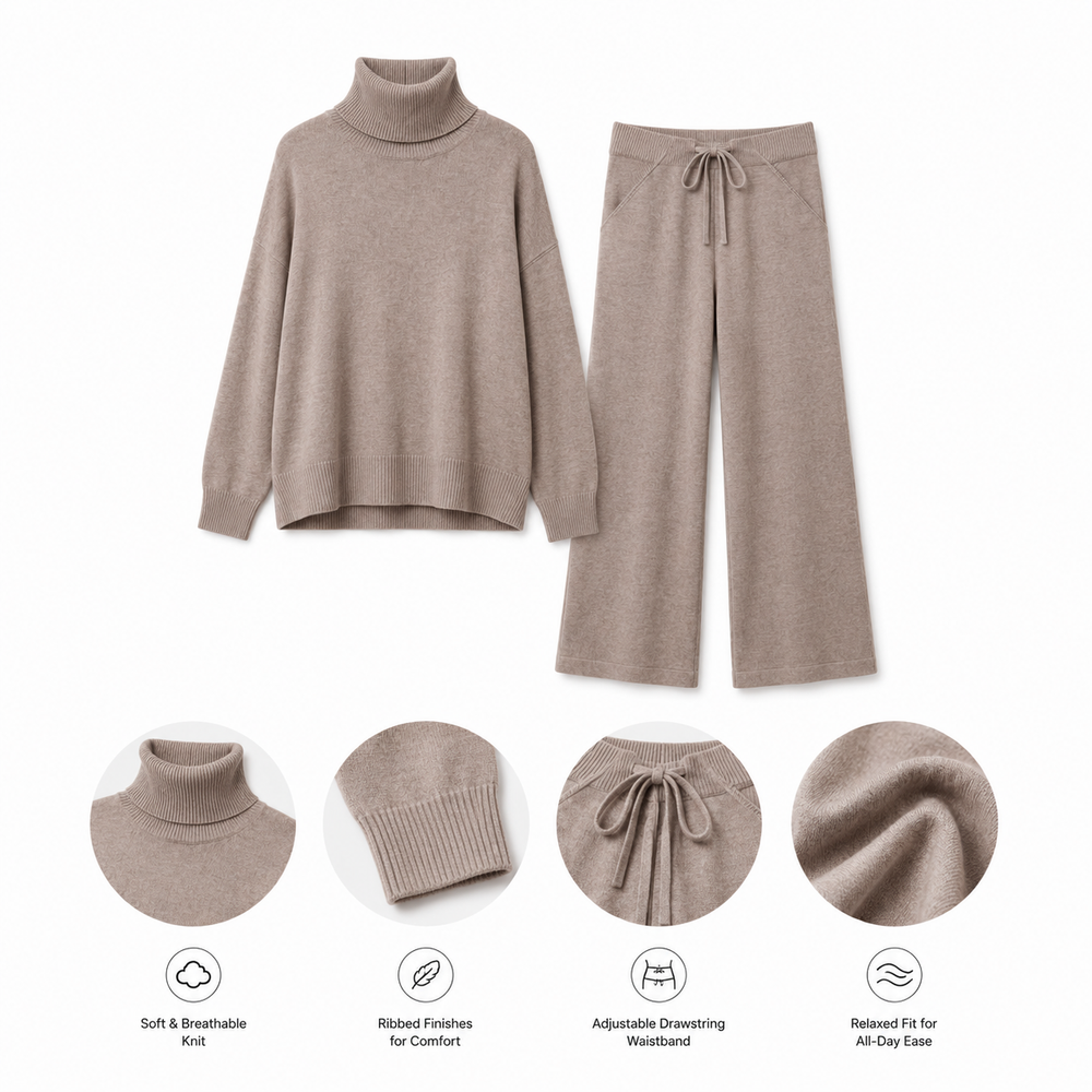 Serein Taupe Turtleneck Knit Lounge Set — Product detailing and fabric features