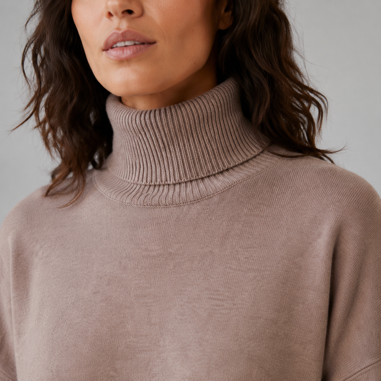 Serein Taupe Turtleneck Knit Lounge Set — Neckline construction close-up