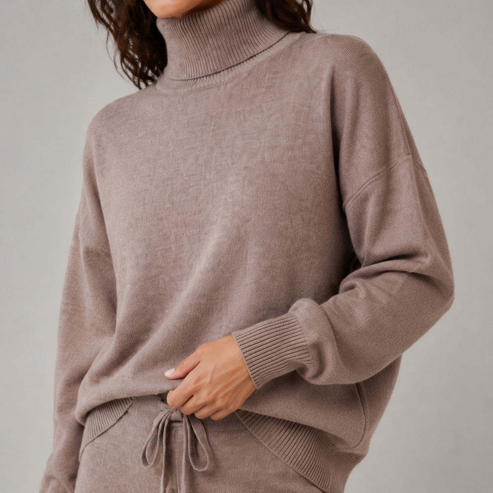 Serein Taupe Turtleneck Knit Lounge Set — Sleeve construction close-up