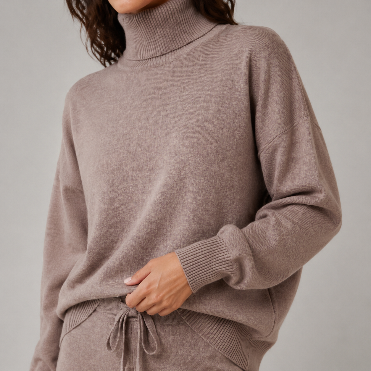 Serein Taupe Turtleneck Knit Lounge Set — Sleeve construction close-up