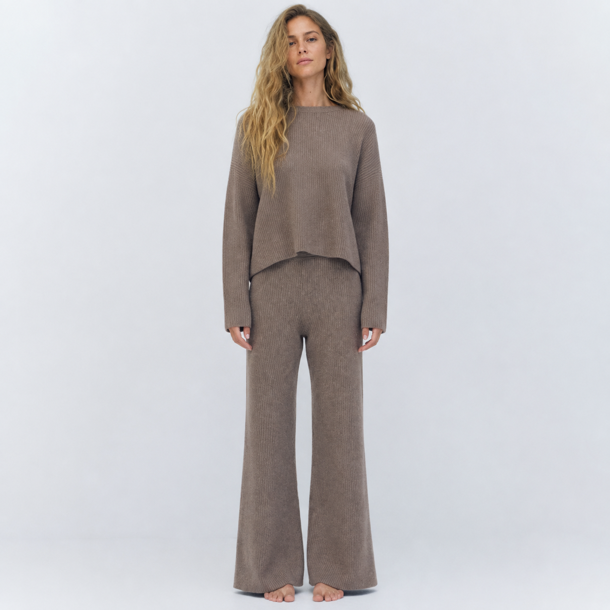 Taupe woolen knit sweater and wide-leg trouser lounge set full-length model image