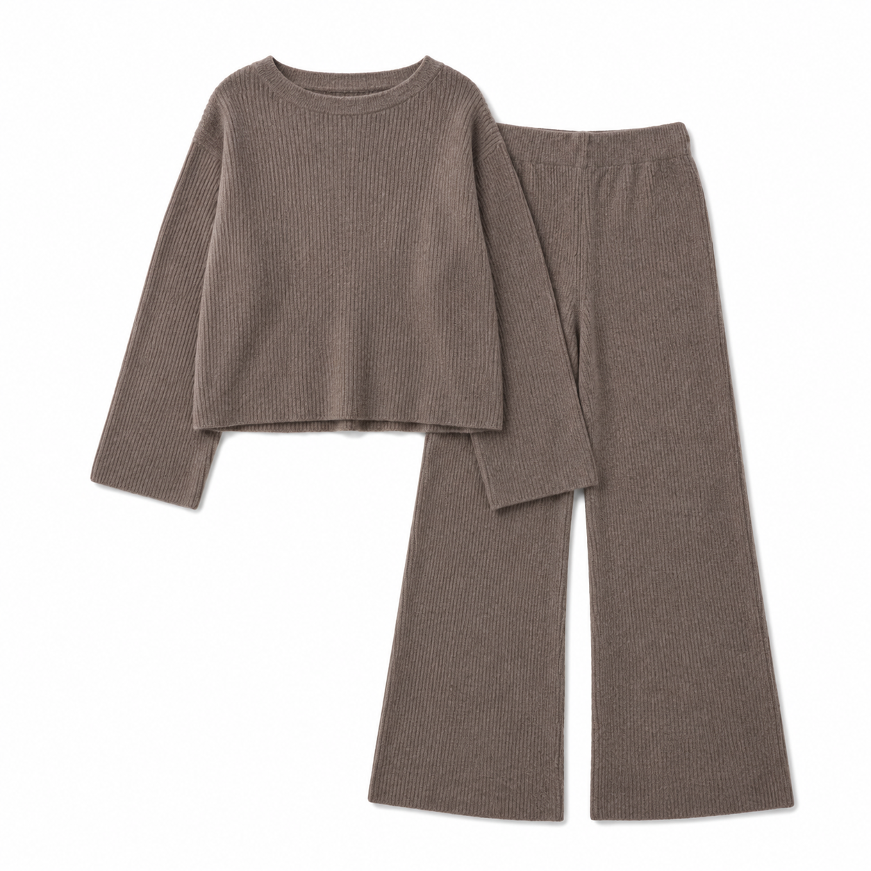 Taupe woolen sweater and wide-leg trousers on white background
