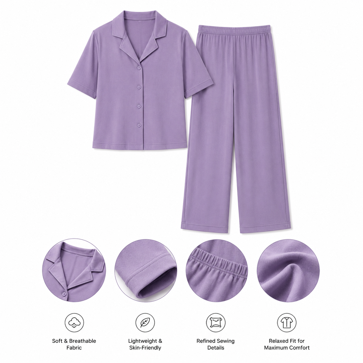 Violette Lilac Cropped Shirt & Pajama Set — Product detailing and fabric features