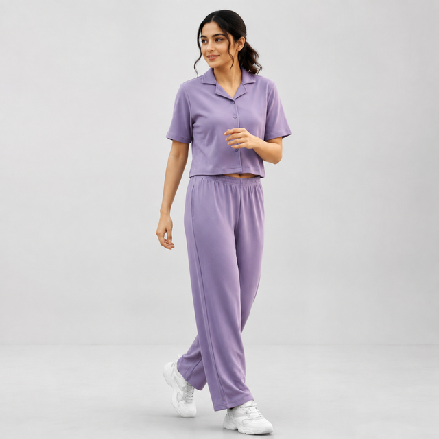 Violette Lilac Cropped Shirt & Pajama Set — Full-length model front view