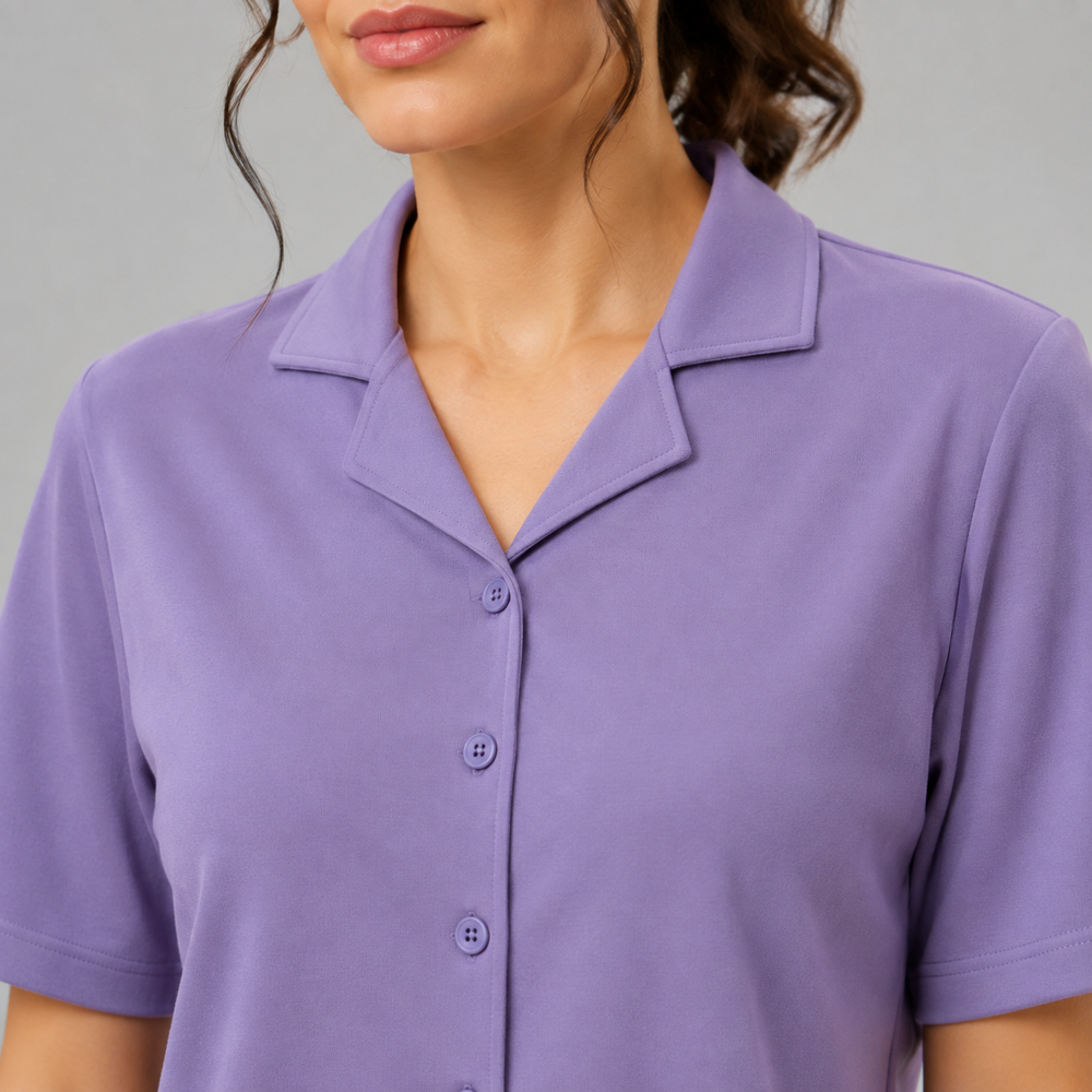 Violette Lilac Cropped Shirt & Pajama Set — Neckline construction close-up
