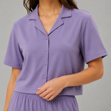 Violette Lilac Cropped Shirt & Pajama Set — Sleeve construction close-up
