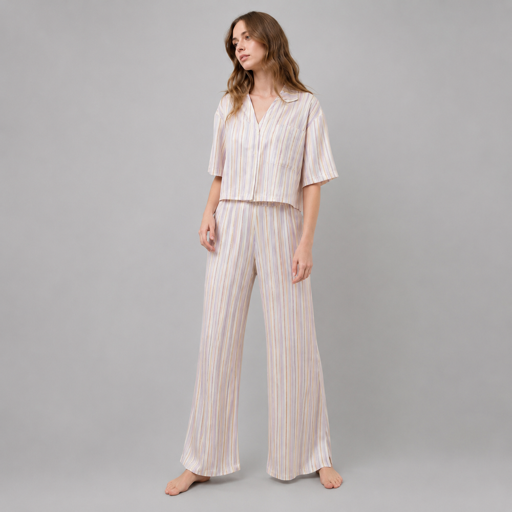 Organic Cotton Striped High Rise Pant Set — full-length model view on evenly lit studio background