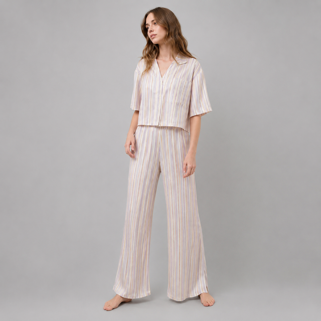 Organic Cotton Striped High Rise Pant Set — full-length model view on evenly lit studio background