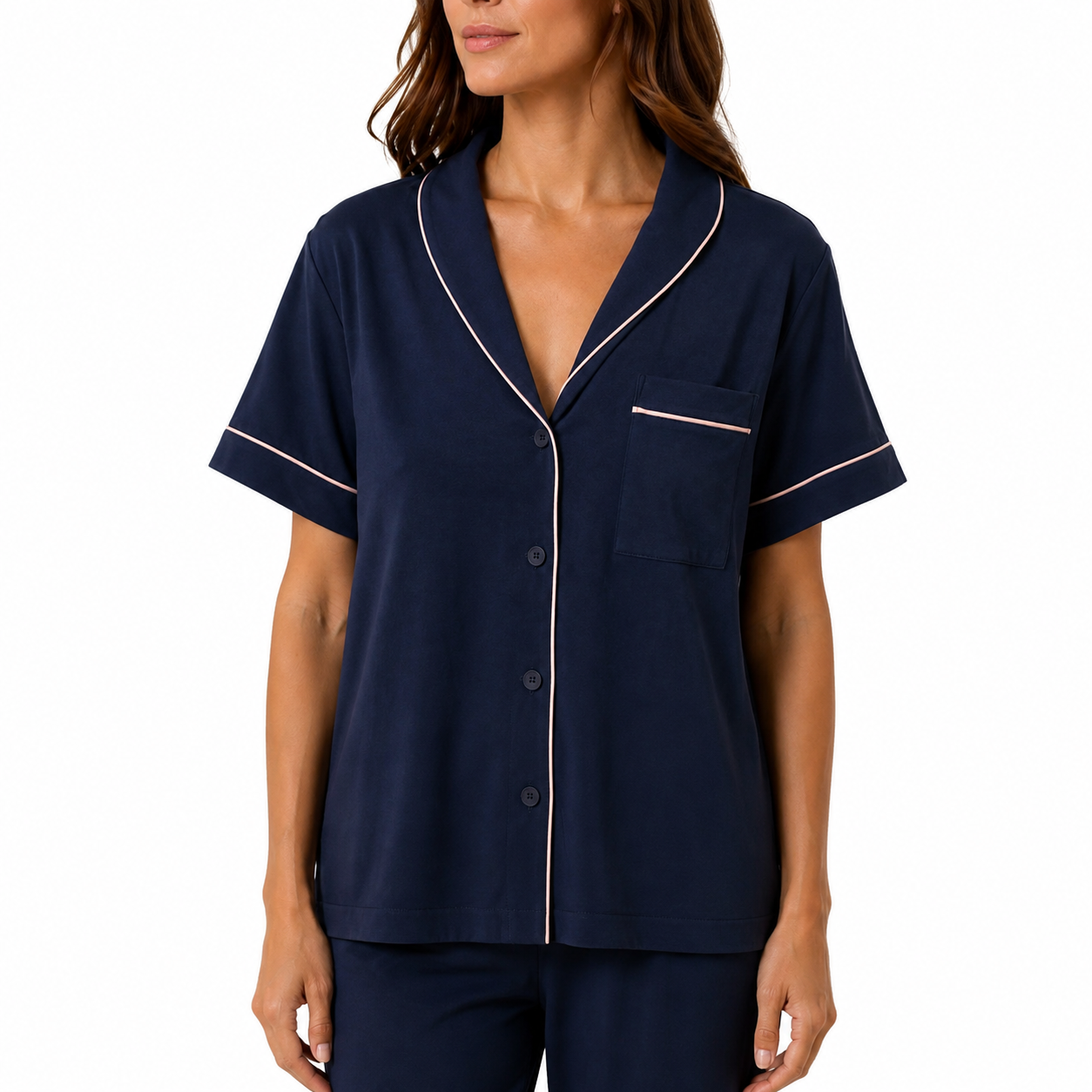 Organic Cotton Tee Short Set navy shirt collar and pocket close-up